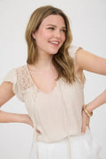 Stripe Lace Yoke Front Tie Short Sleeve Top by Boutique 23