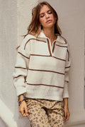 Luxe Relaxed Striped Knit Sweatshirt: Latte by Boutique 23