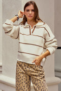 Luxe Relaxed Striped Knit Sweatshirt: Latte by Boutique 23