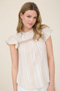 Multicolor Stripe Lace Trim Ruffle Sleeve Top by Boutique 23