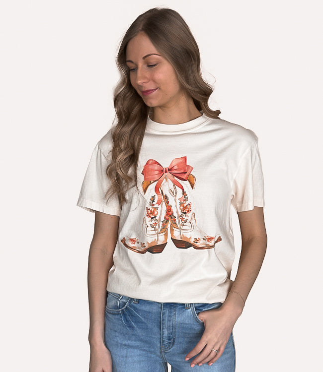 Coquette Bow & Floral Boot Colors Tee - Ivory by Boutique 23