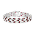 24.08 Cttw Oval White Opal and Red Rhodolite Prong Silver Three Row Tennis Bracelet by Fine Color Jewels