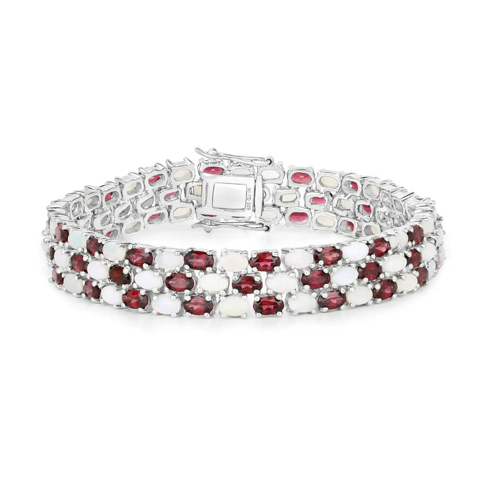 24.08 Cttw Oval White Opal and Red Rhodolite Prong Silver Three Row Tennis Bracelet by Fine Color Jewels