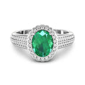 1.95 Ct Oval Green Zambian Emerald and White Diamond Prong 14k Gold Halo Pave Bridge Ring by Fine Color Jewels