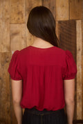 Eyelet Lace Trim Double Front Tie Puff Sleeve Top - Red by Boutique 23