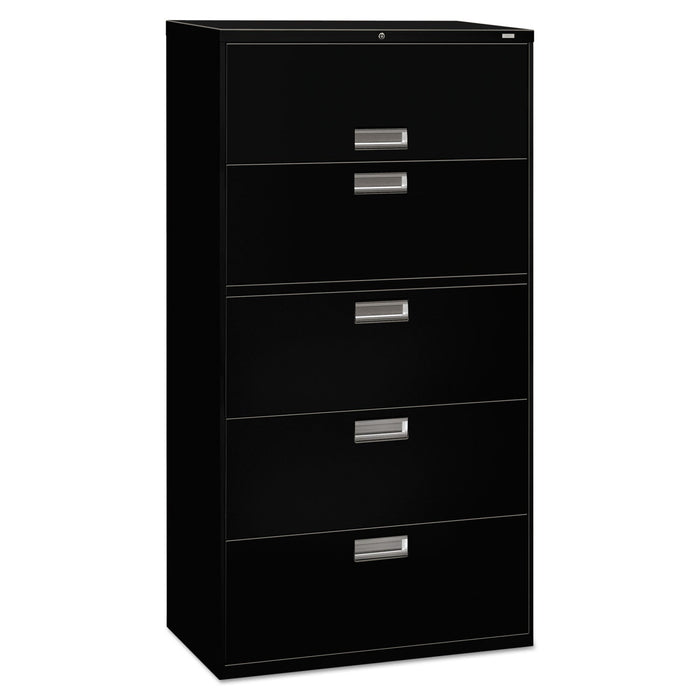 HON Brigade 600 Series Lateral File, 4 Legal/Letter-Size File Drawers, 1 Roll-Out File Shelf, Black, 36" x 18" x 64.25"