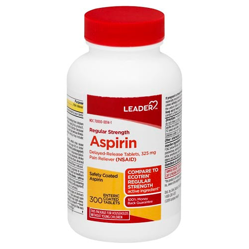 Leader Aspirin 325mg Enteric Coated Tablets, 300 Count – Regular Strength Delayed-Release NSAID by Pasteur Pharmacy