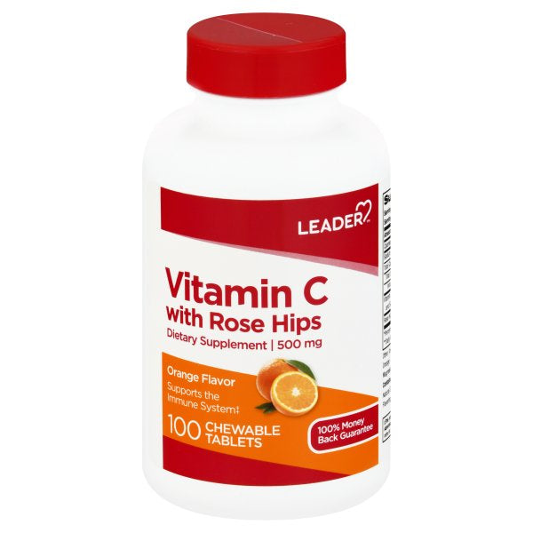 Leader Vitamin C 500mg Chewables with Rose Hips, 100ct – Orange Flavor by Pasteur Pharmacy