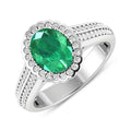 1.95 Ct Oval Green Zambian Emerald and White Diamond Prong 14k Gold Halo Pave Bridge Ring by Fine Color Jewels