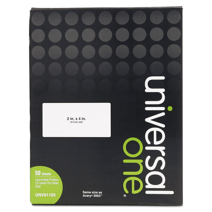 Universal Deluxe Clear Labels, Inkjet/Laser Printers, 2 x 4, Clear, 10/Sheet, 50 Sheets/Box