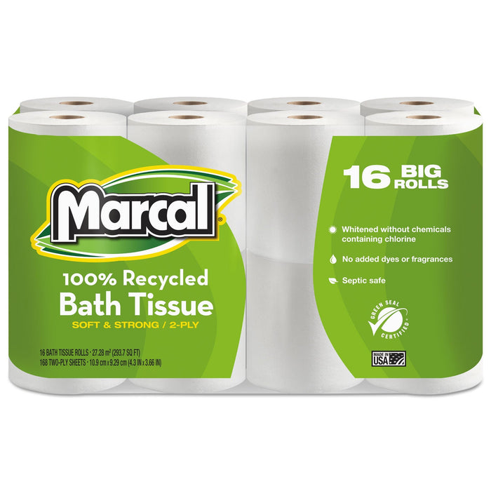 Marcal 100% Recycled 2-Ply Bath Tissue, Septic Safe, White, 168 Sheets/Roll, 16 Rolls/Pack