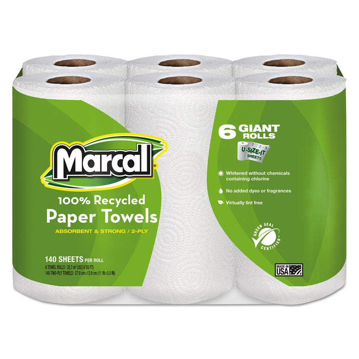 Marcal 100% Premium Recycled Kitchen Roll Towels, 2-Ply, 11 x 5.5, White, 140/Roll, 6 Rolls/Pack