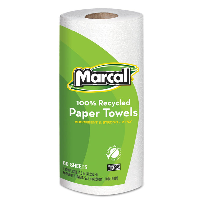 Marcal 100% Premium Recycled Kitchen Roll Towels, 2-Ply, 11 x 9, White, 60 Sheets, 15 Rolls/Carton
