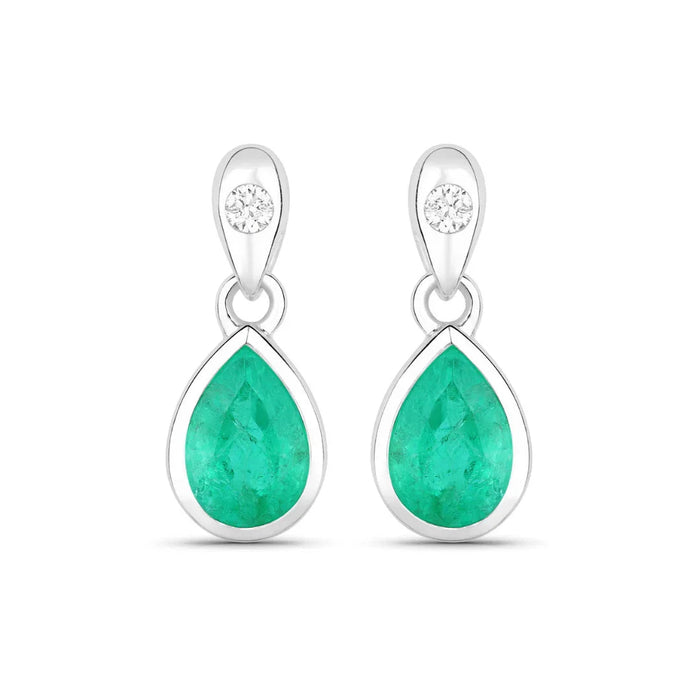 1.30 Ct Pear Green Zambian Emerald & Diamond Bezel 10K Gold Dangle Earrings by Fine Color Jewels