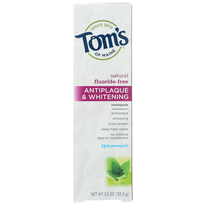 Tom's of Maine Natural Antiplaque And Whitening Fluoride Free Toothpaste Spearmint 55 Ounce by Pasteur Pharmacy
