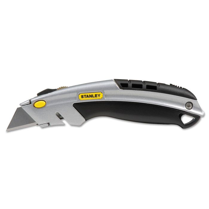 Stanley Curved Quick-Change Utility Knife, Stainless Steel Retractable Blade, 3 Blades, 6.5" Metal Handle, Black/Chrome