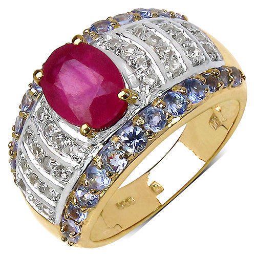 14K Yellow Gold Plated 3.02 Carat Genuine Ruby, Tanzanite & White Topaz .925 Sterling Silver Ring by Bids.com