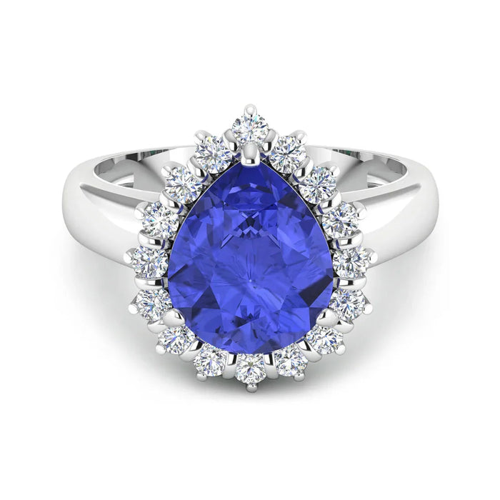 3.45 Ct Pear Violet Tanzanite and White Diamond Prong 14k Gold Halo Bridge Ring by Fine Color Jewels