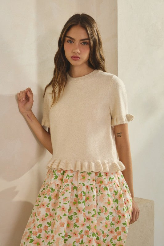 Ave Ruffle Wave Hem Knit Sweater by Boutique 23