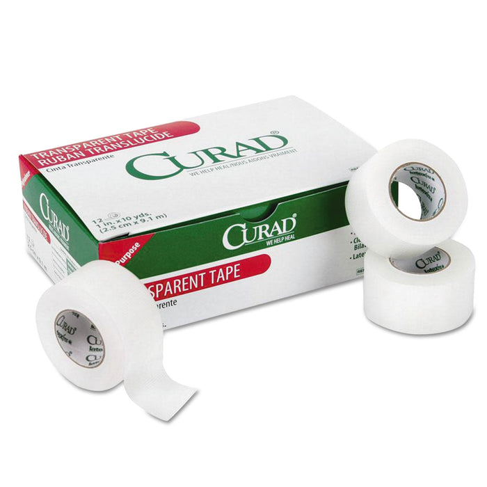 Curad Transparent Surgical Tape, Heavy-Duty, Acrylic/Cloth, 1" x 10 yds, Matte Clear, 12/Pack