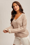 V-neck Sequin Stitch Contrast Sweater Pullover by Boutique 23