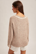 V-neck Sequin Stitch Contrast Sweater Pullover by Boutique 23
