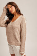 V-neck Sequin Stitch Contrast Sweater Pullover by Boutique 23