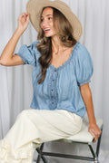 Puff Short Sleeve Ruffle Details Chambray Top by Boutique 23