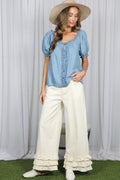 Puff Short Sleeve Ruffle Details Chambray Top by Boutique 23