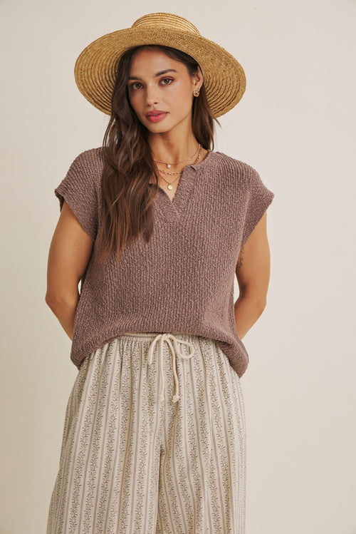 Slub Sweater Top In A Relaxed Fit: Mocha Mousse by Boutique 23
