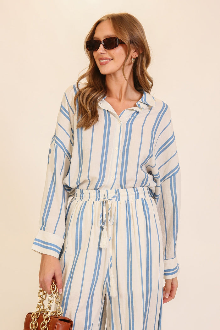 Oversized Striped Button-Down Shirt by Boutique 23