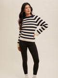 Round Neck Rib Bell Sleeve Pullover - Navy by Boutique 23