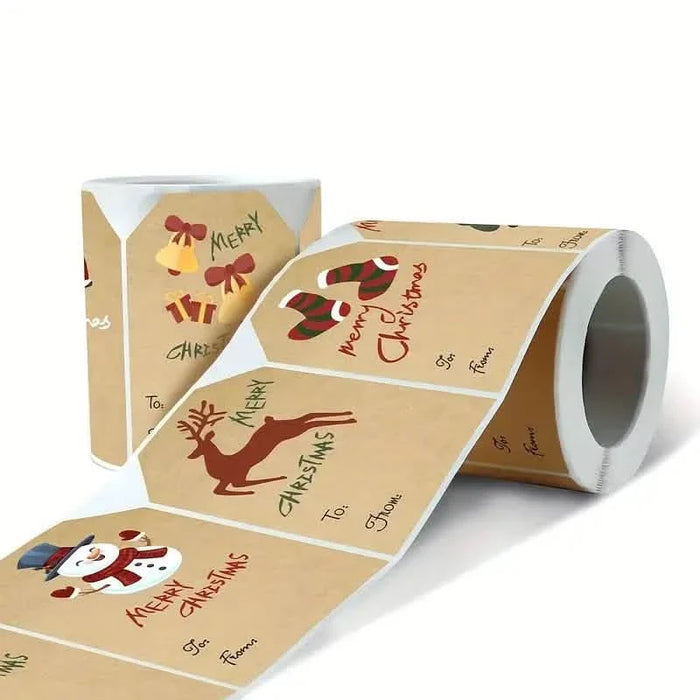 250 Pieces/Roll Christmas Stickers - 2x3 Kraft Paper Tree Socks Snowman Elk Merry Christmas by DailySale