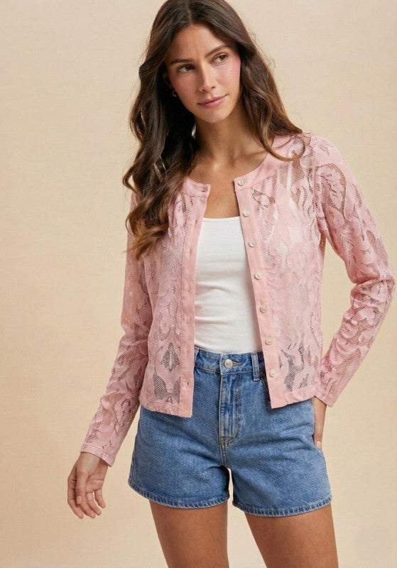Floral Jacquard Lace Button-down Top by Boutique 23