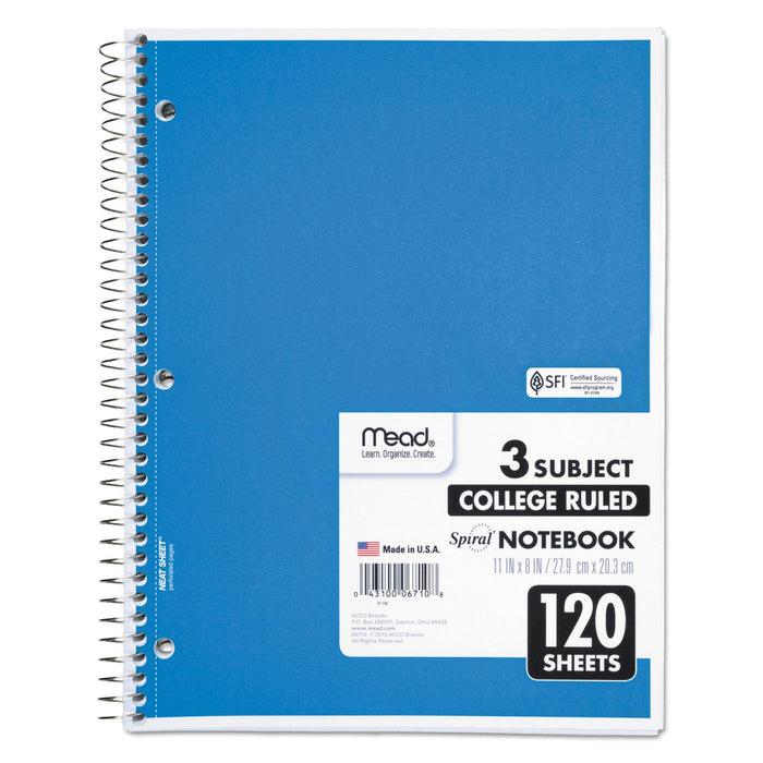 Mead Spiral Notebook, 3 Subject, Medium/College Rule, Randomly Assorted Covers, 11 x 8, 120 Sheets