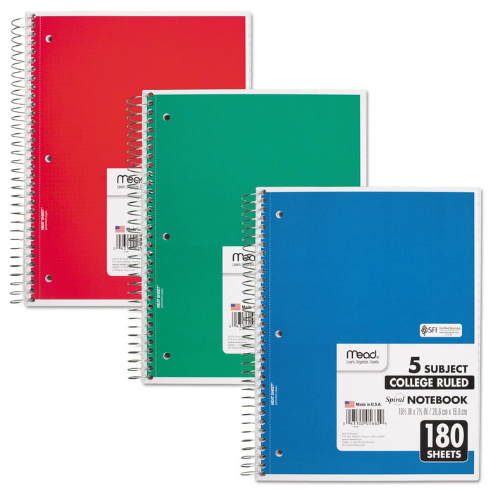 Mead Spiral Notebook, 5 Subject, Medium/College Rule, Randomly Assorted Covers, 10.5 x 8, 180 Sheets