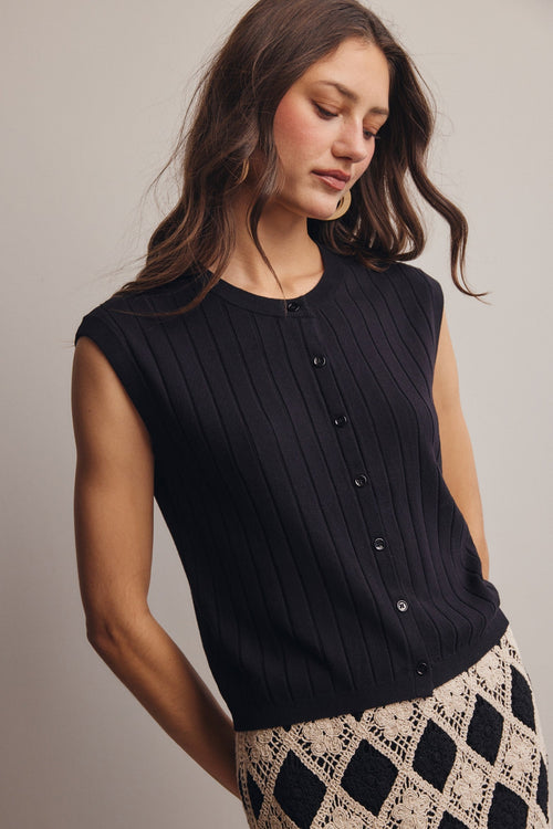 Ribbed Button-Front Knit Tank: Black by Boutique 23