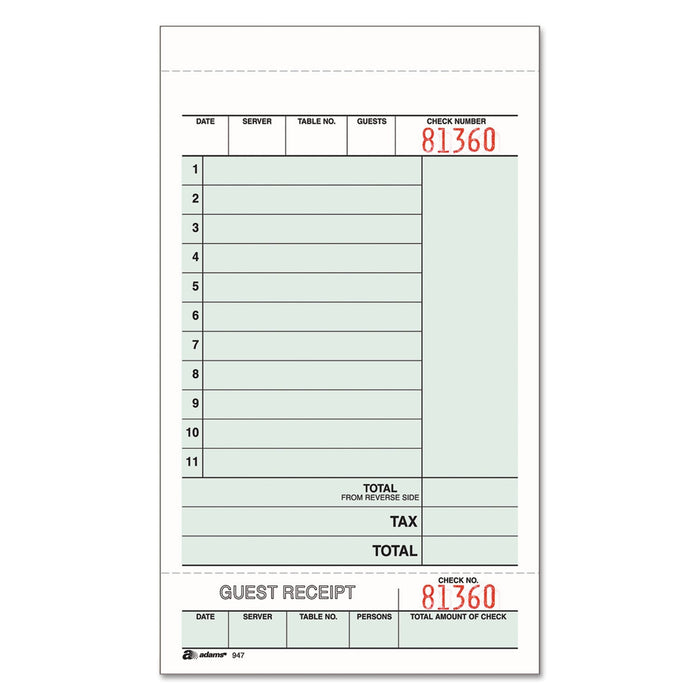 Adams Guest Check Unit Set, Two-Part Carbonless, 6.75 x 4.25, 1/Page, 250/Pack