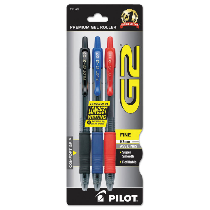 Pilot G2 Premium Gel Pen, Retractable, Fine 0.7 mm, Assorted Ink Colors, Smoke Barrel, 3/Pack