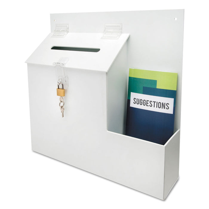 deflecto Suggestion Box Literature Holder with Locking Top, 13.75 x 3.63 x 13.94, Plastic, White
