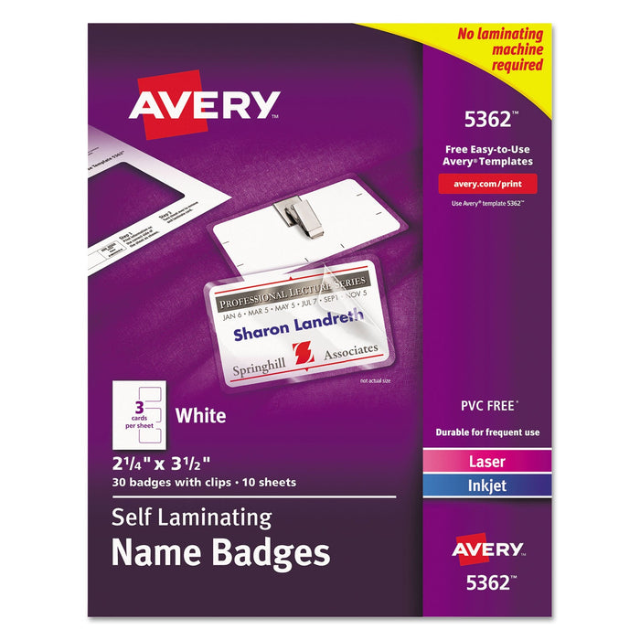 Avery Self-Laminating Laser/Inkjet Printer Badges, 2.25 x 3.5, White, 30/Box