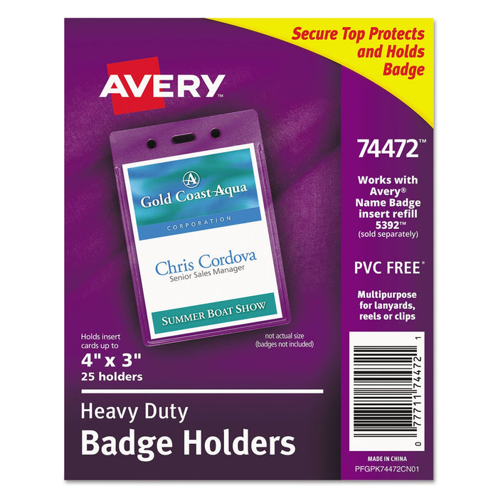 Avery Secure Top Heavy-Duty Badge Holders, Vertical, 3w x 4h, Clear, 25/Pack