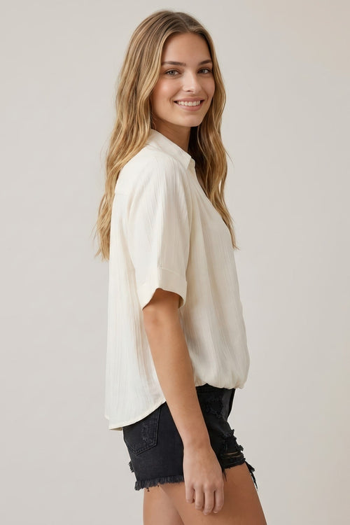 Collared Front Bubble Shirt Top | Cream by Boutique 23