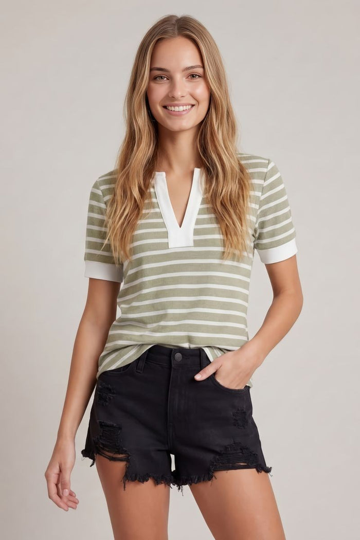Split V-neck Striped Short Sleeve Top by Boutique 23