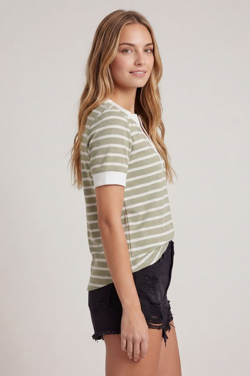 Split V-neck Striped Short Sleeve Top by Boutique 23