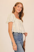 Lace Trim Floral Puff Sleeve Blouse by Boutique 23