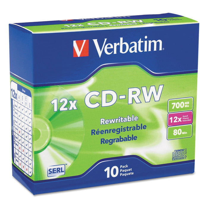 Verbatim CD-RW High-Speed Rewritable Disc, 700 MB/80 min, 12x, Slim Jewel Case, Silver, 10/Pack