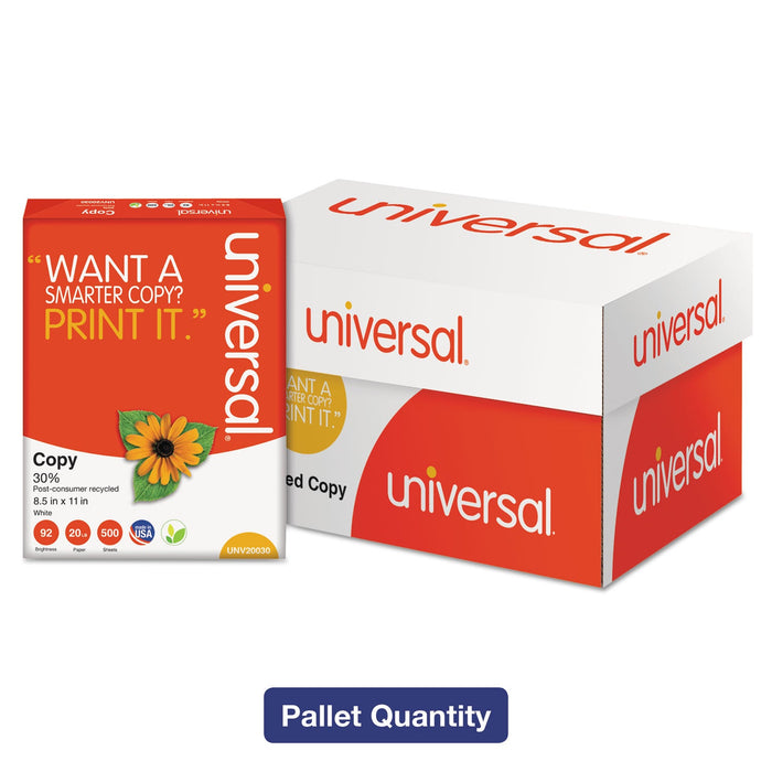 Universal 30% Recycled Copy Paper, 92 Bright, 20 lb Bond Weight, 8.5 x 11, White, 500 Sheets/Ream, 10 Reams/Carton, 40 Cartons/Pallet