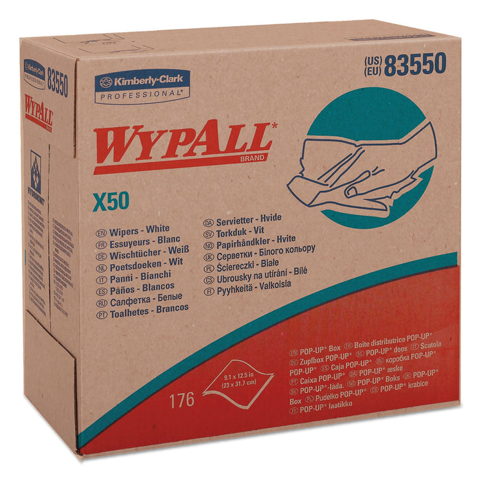 WypAll X50 Cloths, POP-UP Box, 12.5 x 9.1, White, 176/Box, 10 Boxes/Carton