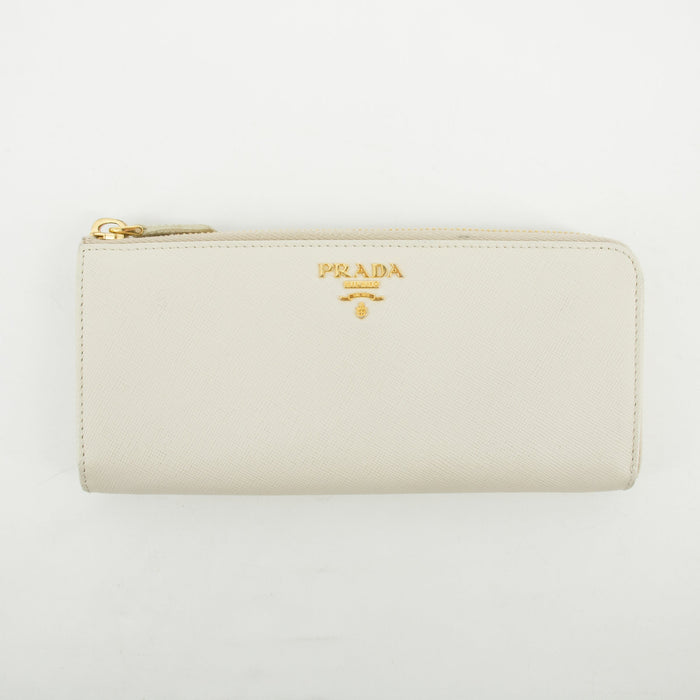 Prada Ivory Saffiano Leather L-shaped Zipper Long Wallet #2632 by Bolt Boutique